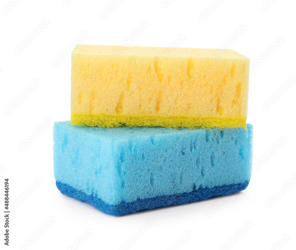 Bright cleaning sponges with abrasive scourers on white background