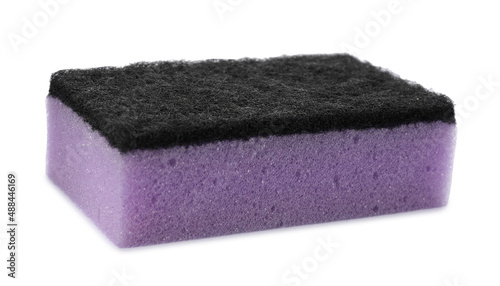 Purple cleaning sponge with abrasive black scourer isolated on white photo