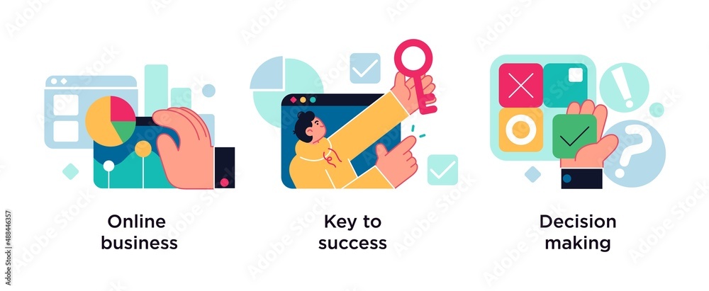 Business opportunity abstract concept vector illustration set. Online business, key to success, decision making abstract metaphor. - obrazy, fototapety, plakaty 