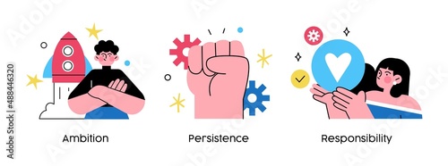 Important Leadership Skills for Business Success- set of concept illustrations. Ambition, Persistence, Responsibility. Visual stories collection