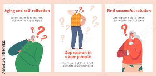 Pensive Elderly People Banners. Forgetful Senior Characters Thinking, Alzheimer. Confused Grandparents Aging Problems