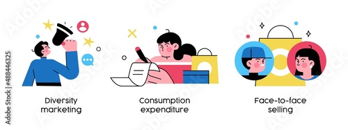 Buy and sell products - set of business concept illustrations. Diversity marketing, consumption expenditure, face-to-face selling. Visual stories collection