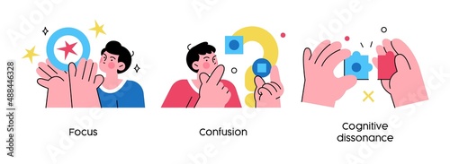 Different mental states - set of abstract concept illustrations. Focus, confusion, cognitive dissonance. Visual stories collecction.