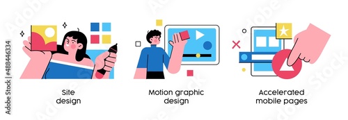 Web development services - set of abstract business concept illustrations. Web design, motion graphic, mobile pages. Visual stories collecction.