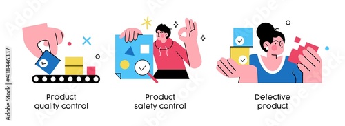Quality control and product satisfaction research check - set of abstract business concept illustrations. Product quality control, Safety control, Defective product. Visual stories collecction.