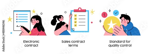 Business agreement - set of business concept illustrations. Electronic contract, sales contract terms, standard for quality control. Visual stories collection