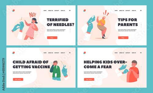 Children Afraid of Vaccination Landing Page Template Set. Kids Boys and Girls Characters Crying, Protecting from Syringe