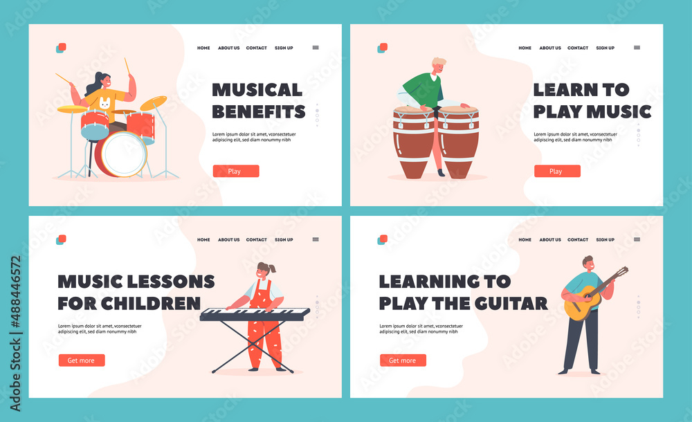 Children Playing Modern and Classic Instruments Landing Page Template. Little Boys and Girls Artists Perform on Scene