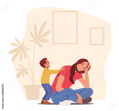 Depressed Tired Mother Sit on Floor while Son Yell and Disturb her. Parent with Hyperactive Child at Home, Sleepy Mom