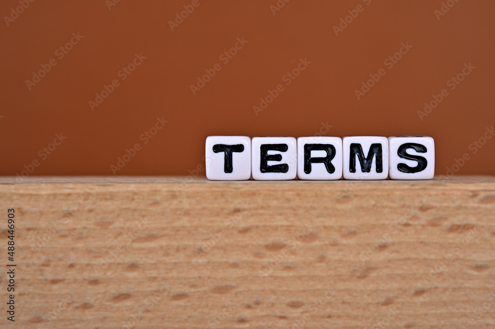 Fototapeta premium Word cubes lined up with the letters TERMS written on it. Copy space available.