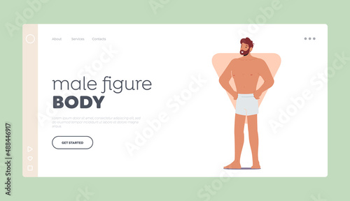 Male Figure Body Landing Page Template. Man with Inverted Triangle Body Shape Posing with Arms Akimbo, Male Figure Type