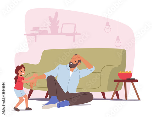 Depressed Sleepy Father Character Sitting on Floor while Daughter Invite him to Play. Tired Parent with Child at Home