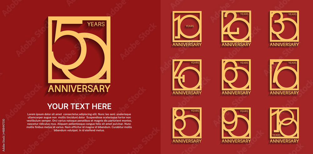 set anniversary logotype premium collection golden color in square isolated on red background - obrazy, fototapety, plakaty 