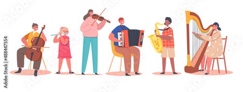 Children Playing Classic Instruments Cello, Flute, Violin, Accordion, Saxophone and Harp. Little Boys and Girls Artists