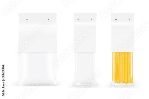 Transparent package with label isolated on white background. Vector illustration. Can be use for template your design, promo, adv. EPS10.	