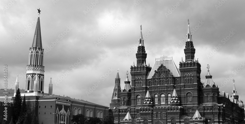 Walls and towers of the Moscow Kremlin. View of the main object of power in Russia. Black and white photo.