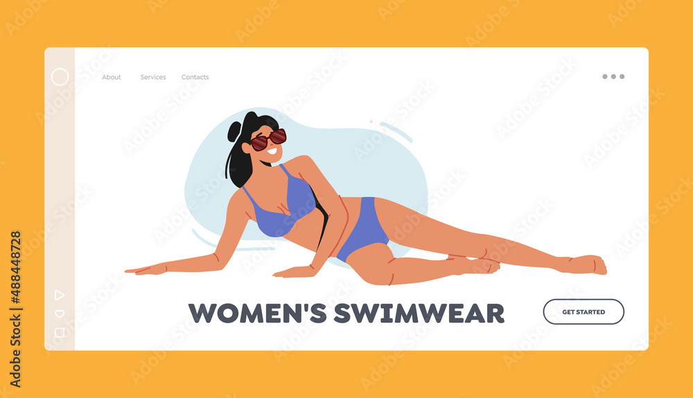 Woman Swimwear Landing Page Template. Girl Posing in Swimsuit, Young Sexy Female Character, Brunette Girl Wear Bikini Woman Swimwear Landing Page Template. Girl Posing in Swimsuit, Young Sexy Female Character, Brunette Girl Wear Bikini