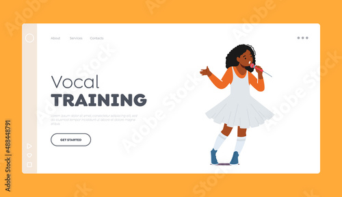 Vocal Training Landing Page Template. Little African Girl Holding Microphone Sing on Stage, Baby Vocalist Singing Song