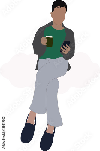 imaginación idea. joven sentado sobre una nube, mirando el celular y tomando café. Dejándose llevar por su imaginación. Vector sin fondo, fondos transparentes