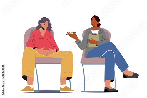 Psychological Support for Pregnant Woman in Perinatal Class, Coach and Pregnant Female Characters Sitting on Chairs