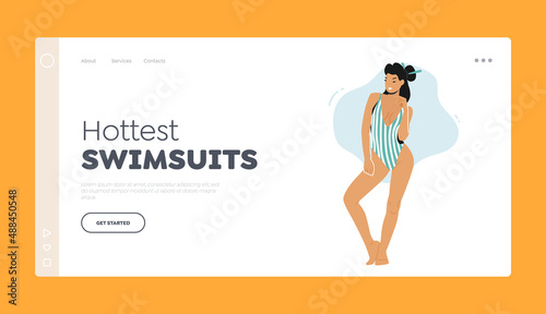 Hottests Swimsuits Landing Page Template. Asian Woman Posing in Striped Swimwear with Decollete, Girl on Beach
