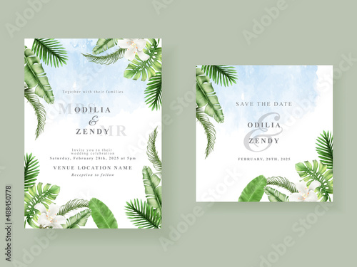 Beautiful tropical leaves wedding invitation card template