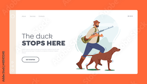 Hunter with Rifle and Dog Run Landing Page Template. Man Hunting Hobby or Outdoor Activity, Male Character in Camouflage