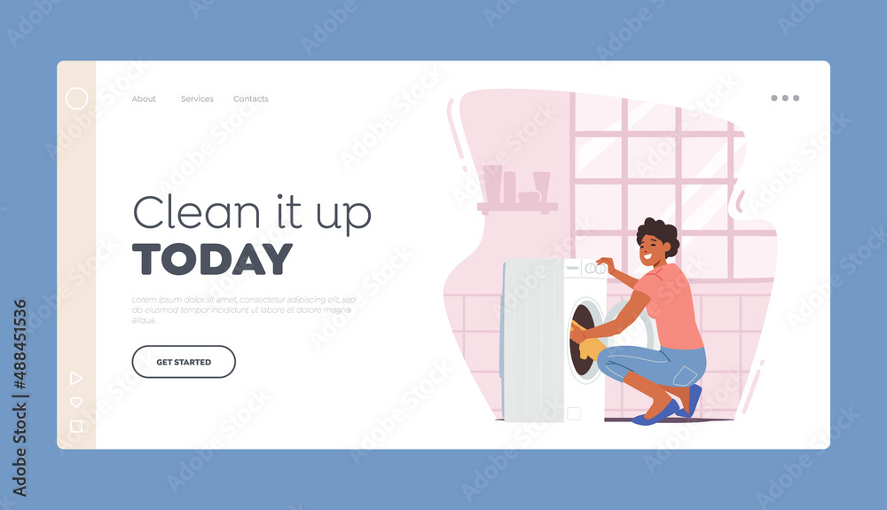 Woman in Laundry Landing Page Template. Young African Female Character Loading Dirty Clothes into Washing Machine Woman in Laundry Landing Page Template. Young African Female Character Loading Dirty Clothes into Washing Machine