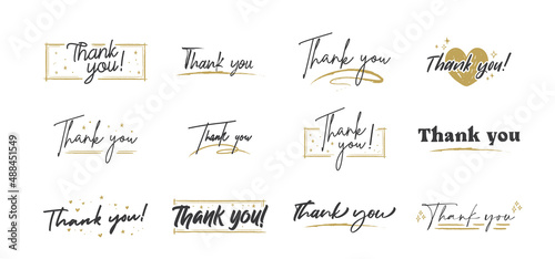 Thank you lettering. Black text word with gold stars. Hand drawn message design. Handwritten modern brush typo isolated vector. Scratched calligraphy style.