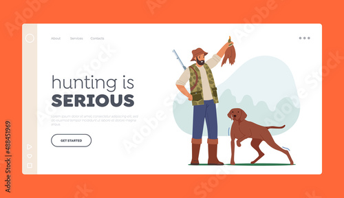 Hunter with Rifle and Dog Show Duck Pre ,Landing Page Template. Man Ranger Hunting Hobby, Sport or Outdoor Activity