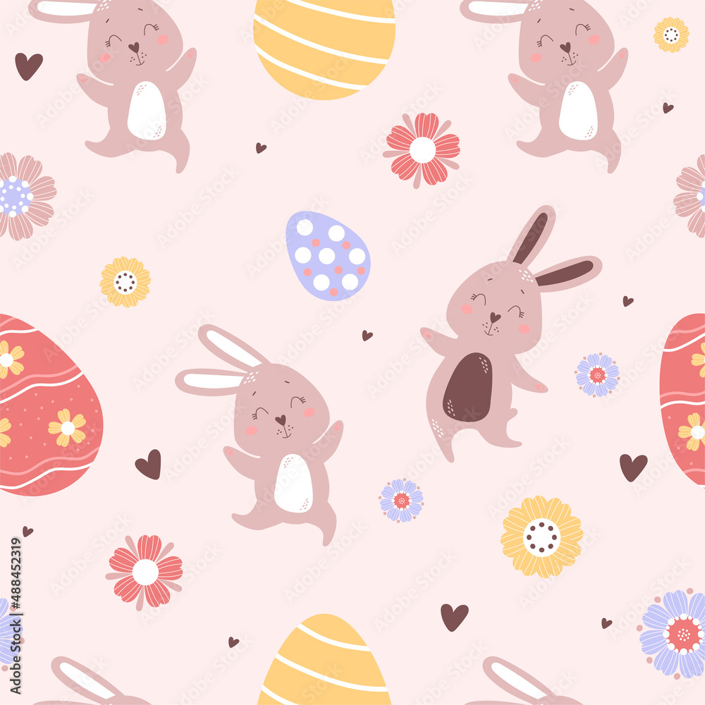 Seamless Easter pattern. Happy Cute Easter bunnies on a light background with Easter eggs and flowers. Vector illustration. For easter design, decor, print, packaging and wallpaper