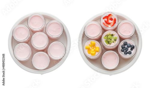 Top view of yogurt makers with jars on white background, collage