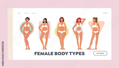 Female Body Shapes Landing Page Template. Women Body Figure Types, Characters Hourglass, Inverted Triangle, Round