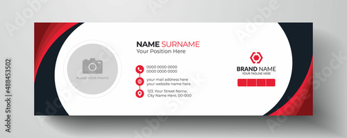 Red and dark black color modern email signature or email footer template |  Personal social media cover page template design with creative layout