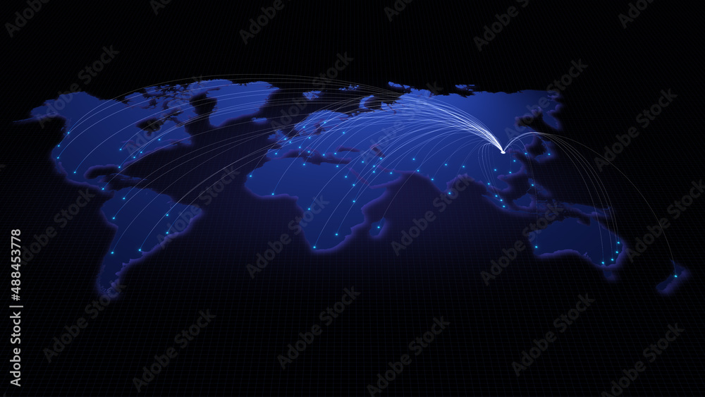 Global connectivity from Beijing, China to other major cities around the world. Technology and network connection, trading and traveling concept. World map element furnished by NASA