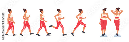 Weight Loss Concept. Fat Female Character Walking, Running and Become Slim. Transformation Stage by Stage of Obese