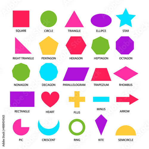 Basic shapes geometric form collection for primary school or preschool. Colored kids geometry figures for learning, children education, educational set on white background