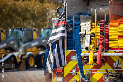 Patriotic american flag on firetruck close up