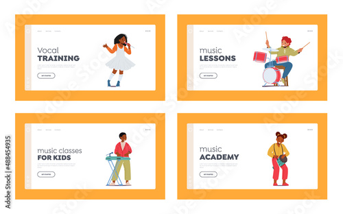 Kids Sing, Music Classes Landing Page Template Set. Talented Little Artists Playing Synthesizer, Drums and Singing with Microphone © Hanna Syvak