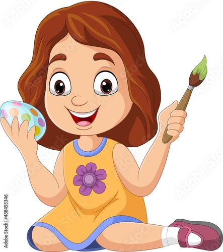 Cartoon little girl painting an easter egg