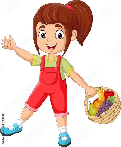 Cartoon little girl with basket of fruits waving hand