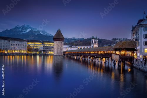 Chapel Bridge (Kapellbrucke) and Luzern Skyline at night - Lucerne, Switzerland