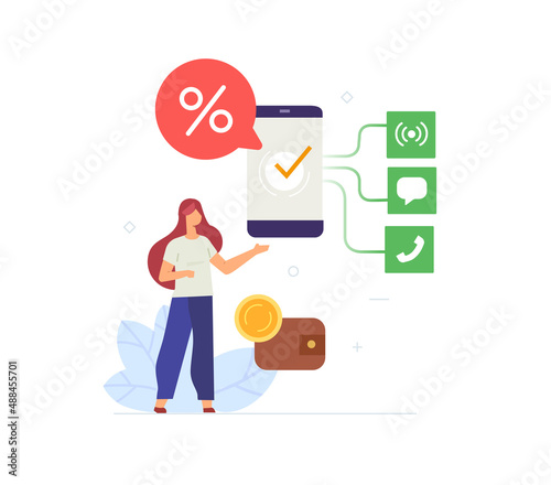 Girl uses a smartphone, favorable tariff, mobile operator, package of services illustration. Smartphones tablets user interface online shopping.Flat illustration Icons infographics. Landing page site