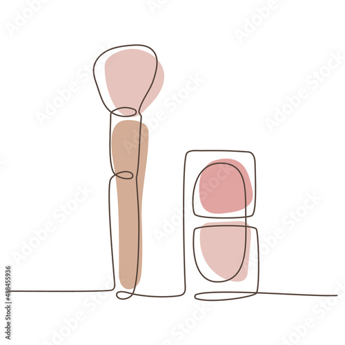 Decorative cosmetics for makeup - Blush and brush, continuous one line drawing, single line art. Vector illustration