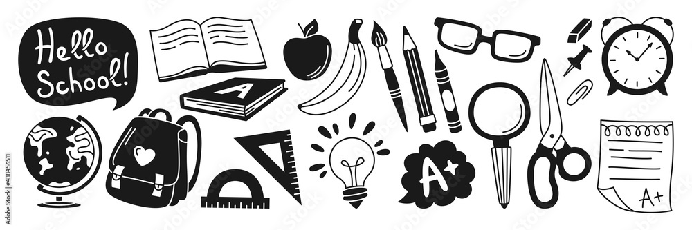 Back to School drawn glyph stamp set. Learning school supplies doodle stencil print kit. Education concept objects for student, scissors backpack, light bulb idea, clock, lunch and globe, press vector