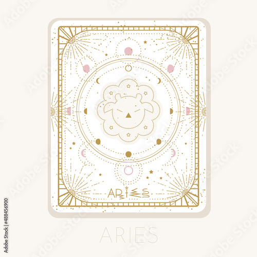 Zodiac sign Aries card. Astrological horoscope symbol with moon phases. Graphic gold icon on a white background. Vector line art illustration