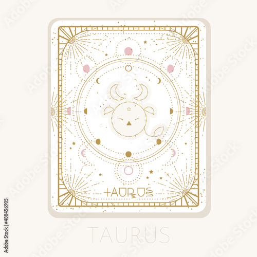 Zodiac sign Taurus card. Astrological horoscope symbol with moon phases. Graphic gold icon on a white background. Vector line art illustration