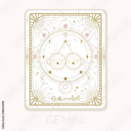 Zodiac sign Gemini card. Astrological horoscope symbol with moon phases. Graphic gold icon on a white background. Vector line art illustration