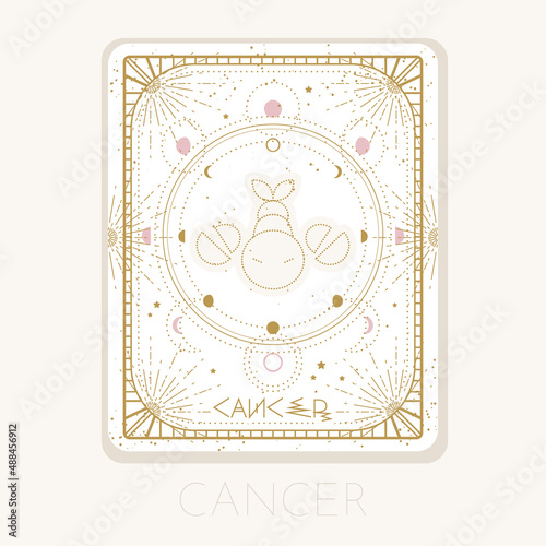 Zodiac sign Cancer card. Astrological horoscope symbol with moon phases. Graphic gold icon on a white background. Vector line art illustration