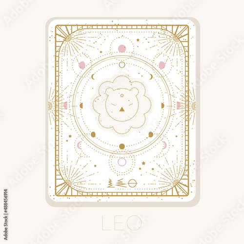 Zodiac sign leo card. Astrological horoscope symbol with moon phases. Graphic gold icon on a white background. Vector line art illustration